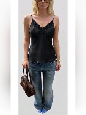 NWT Vintage Halston Jeans 100% Silk Camisole Top Black Lace Beaded! Size S